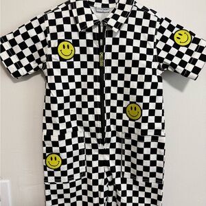 New Little Trouble Checkerboard Smiley Patch Jumpsuit size 3T
